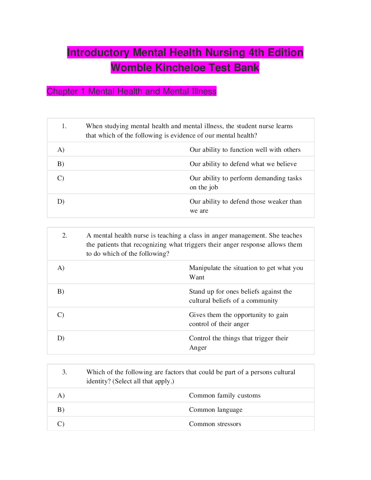 Preview image for TEST BANK FOR INTRODUCTORY MENTAL HEALTH NURSING 4TH EDITION WOMBLE KINCHELOE